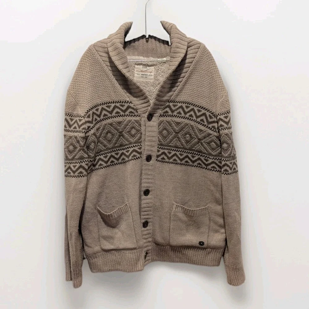 Nordic Fair Isle Sherpa Lined Shawl Collar Cardigan Weatherproof Vintage Large